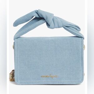 Nanette Lepore Denim Knot Handle Crossbody. Gold Chain & Cream Leather Strap NWT